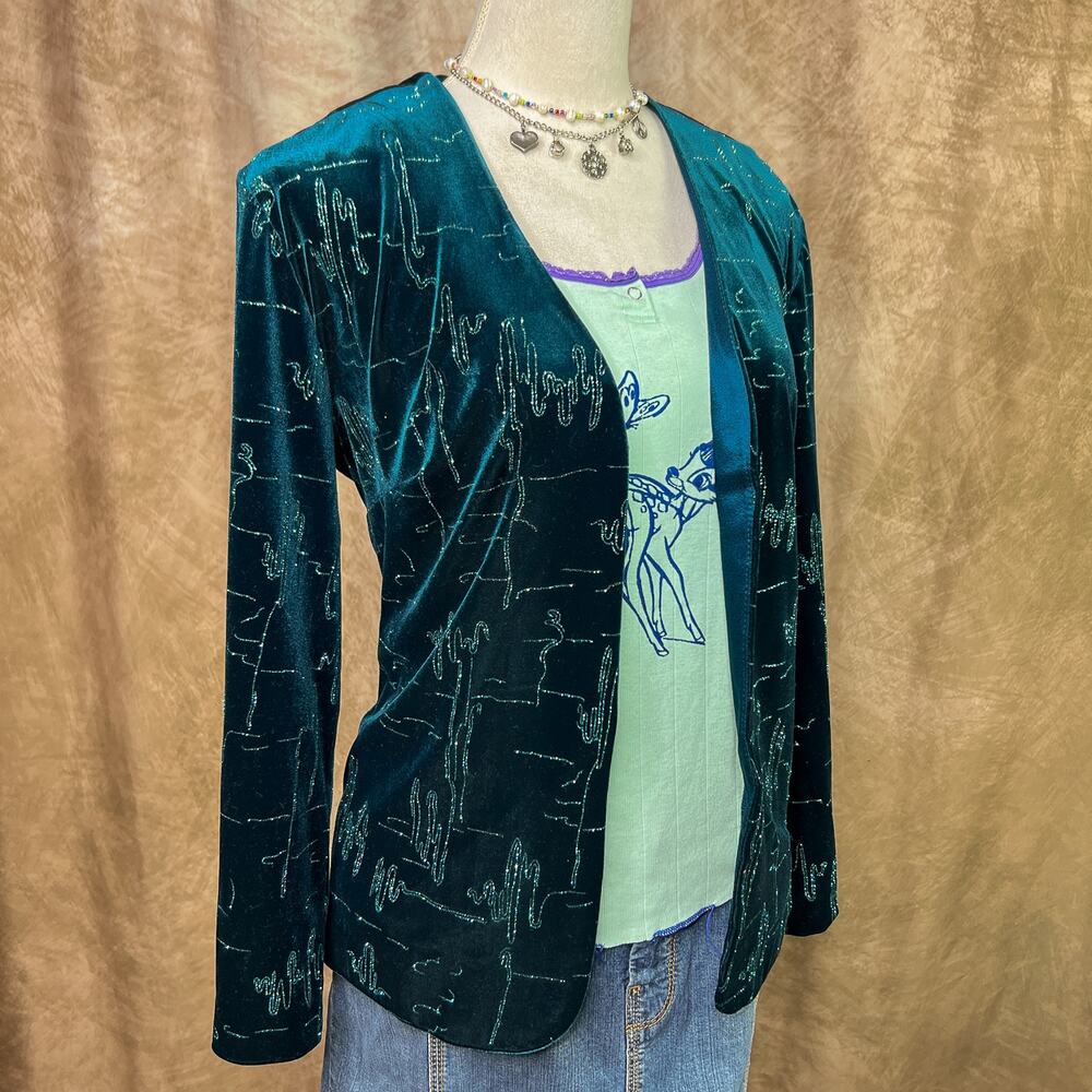 Vintage Geometric Velour Jacket 90s Abstract Glitter Open Front Cybercore Teal